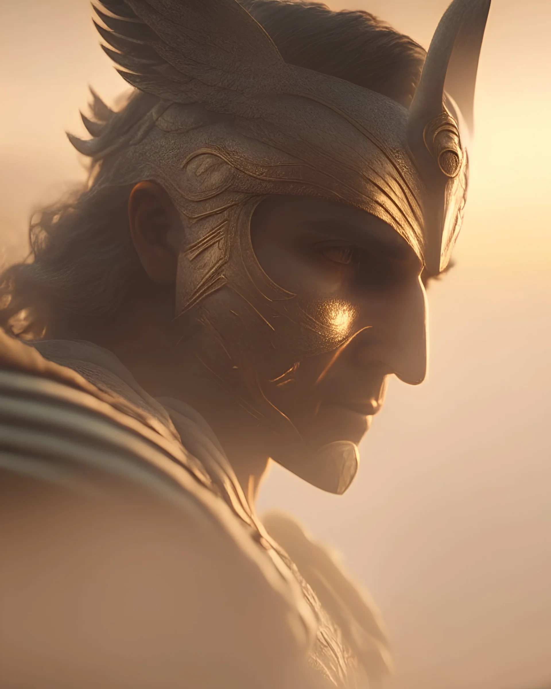 photoreal close-up of a gorgeous warrior god king angel sand sculpture in the mist at golden hour by lee jeffries, 8k, high detail, smooth render, unreal engine 5, cinema 4d, HDR, dust effect, vivid colors