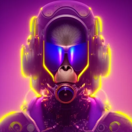 A beautiful portrait of a cyborg monkey purple neon color scheme, high key lighting, volumetric light high details psychedelic background