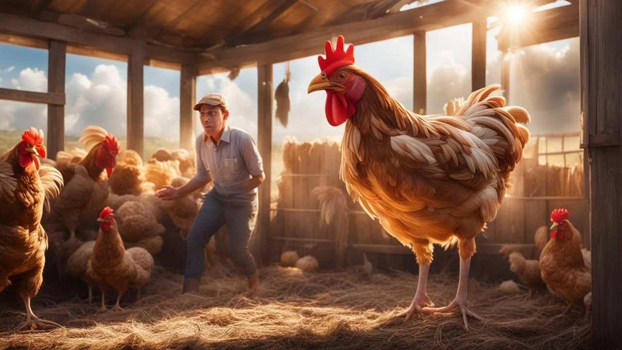 Hyper Realistic a chicken is beating a handsome-young-farmer from its beak inside a chicken coop with scared expressions on farmer's face few haystacks behind & feathers whirling at day time with sun-rays from outside showing dramatic & cinematic ambiance