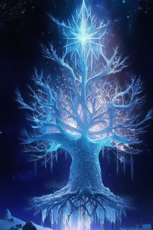 epic ice tree of life in star light in future world,ice and fire are always dramatic.