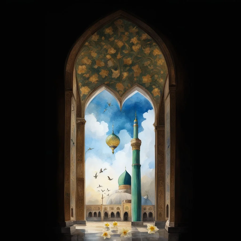 jamkaran mosque in Iran has more blue green color and gold for pattern islamic in the dome . one big domes with beautiful lighting . white Daffodil flower in the floor , clouds with small birds in sky with crescent moon of ramdan . painting watercolor ,simple and islamic style , Painting watercolor