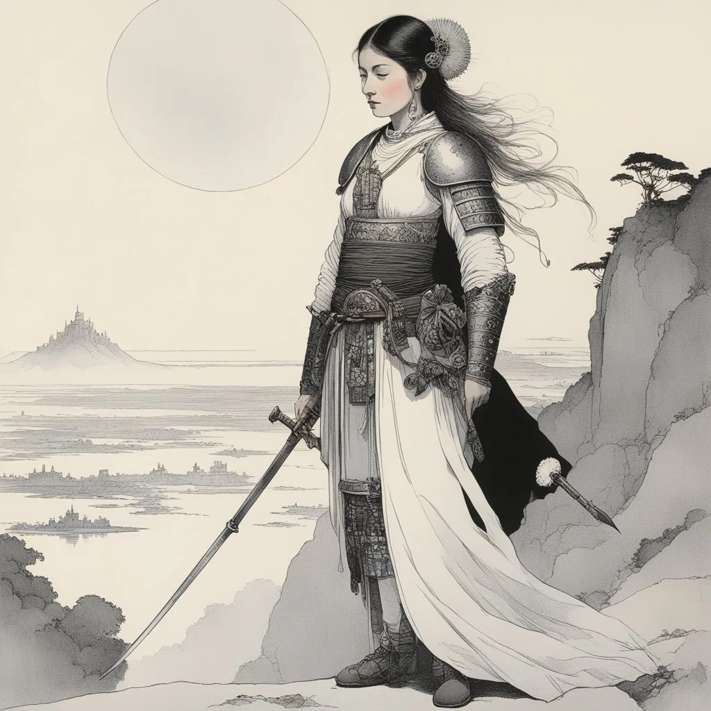 [art by W. Heath Robinson] She is a lone female warrior, the last of her clan, bearing the weight of tradition and tragedy upon her shoulders. Bound by the code of Bushido, she carries with her the legacy of her ancestors, a heritage steeped in honor and sacrifice. Yet beneath the facade of resilience lies a heart heavy with sorrow, as a solitary figure, her silhouette etched against the fading light of the setting sun.