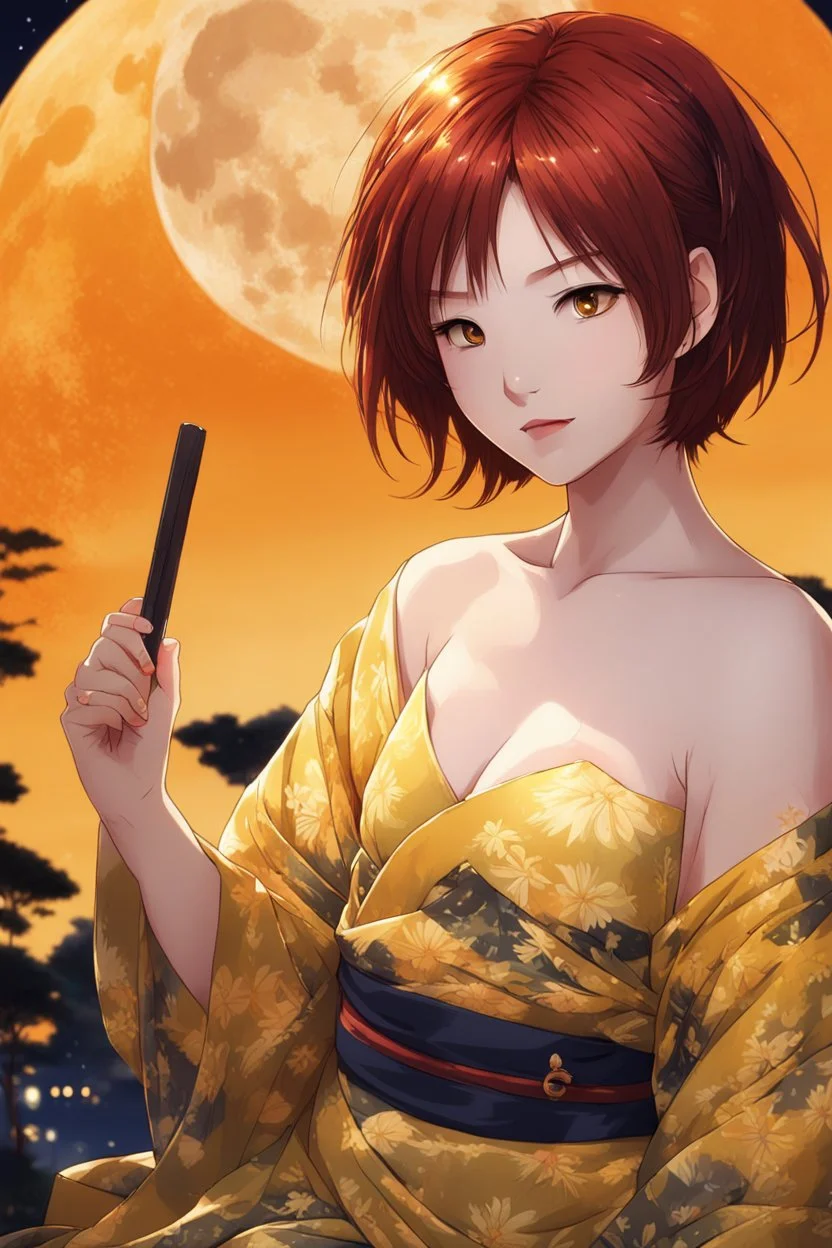 (Asian), short hair, fiery red hair hair, normal hands yukata, yellow clothes, 8k, best quality, winking, very dark night time, lighting from moon yellow moon, perfect, masterpiece, anime style, cartoon style,