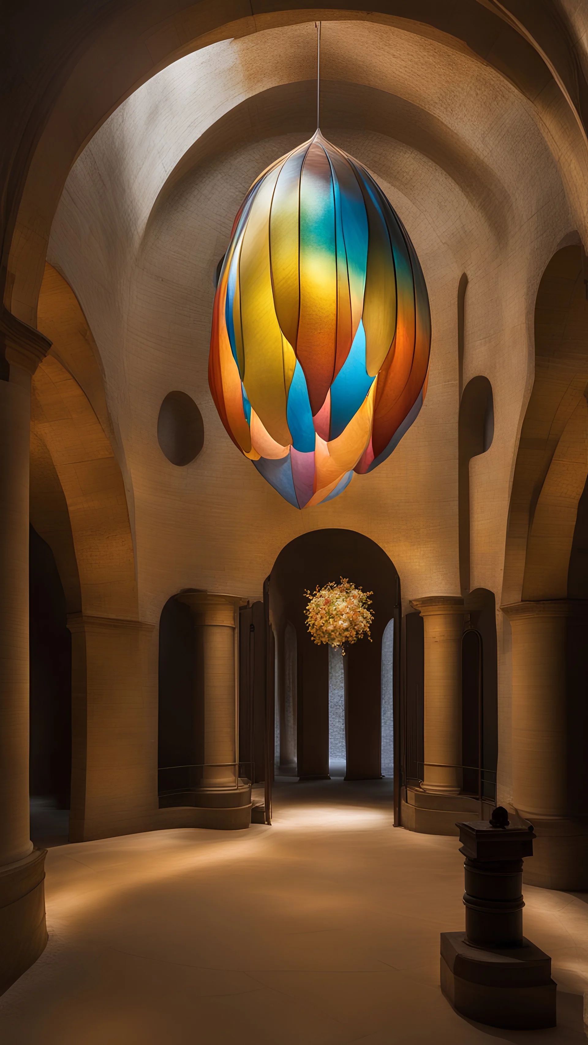 Une chrysalide géante du "Tithorea tarricina" émettant une lumière multicolor accrochée dans un vieux caveau voûté, la chrysalide est composée de matériaux reflétant l'environnement et des parties transparentes où l'on aperçoit des formes organiques