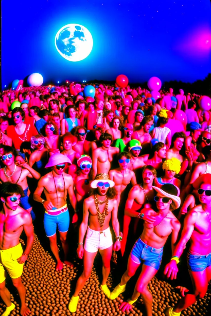 rave party in 80's with circus on the moon full