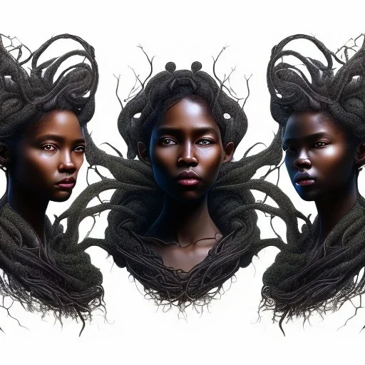 Painting .three women. A mother. Two daughter. Twins. A mother with her children. three young black women. wood nymphs emerging from the forest. Her hair looks like vines. Dreadlocs. Her skin is the colour of dark soil. Her skin looks like tree bark. Her clothing is made of vines, grass and leaves.