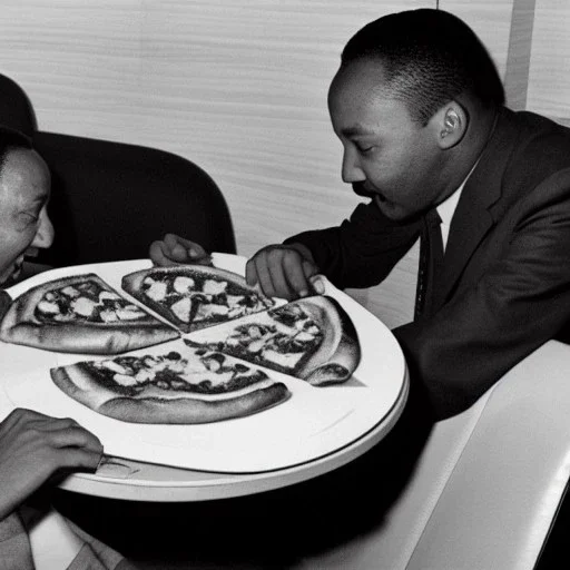 Martin Luther King Jr. and Waluigi eating pizza at a Denny's restaurant