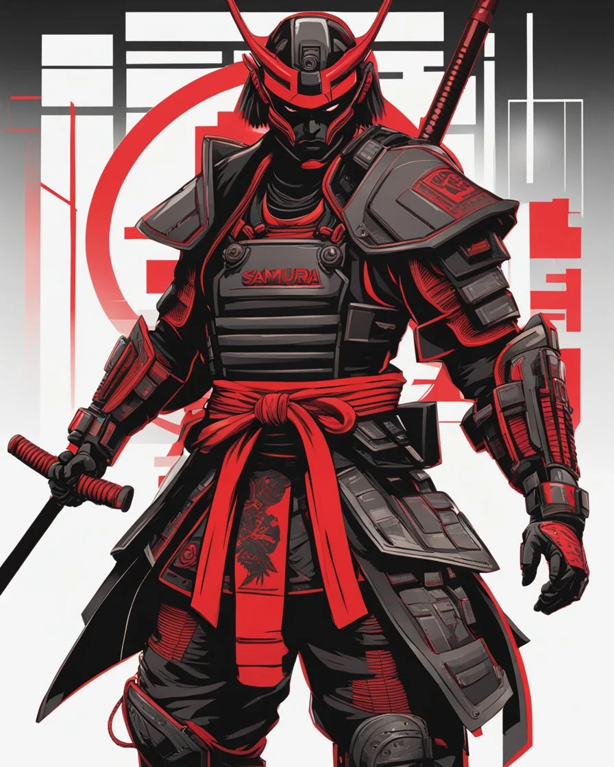 dibujo de contorno de un Samurái negro y rojo con traje cyberpunk