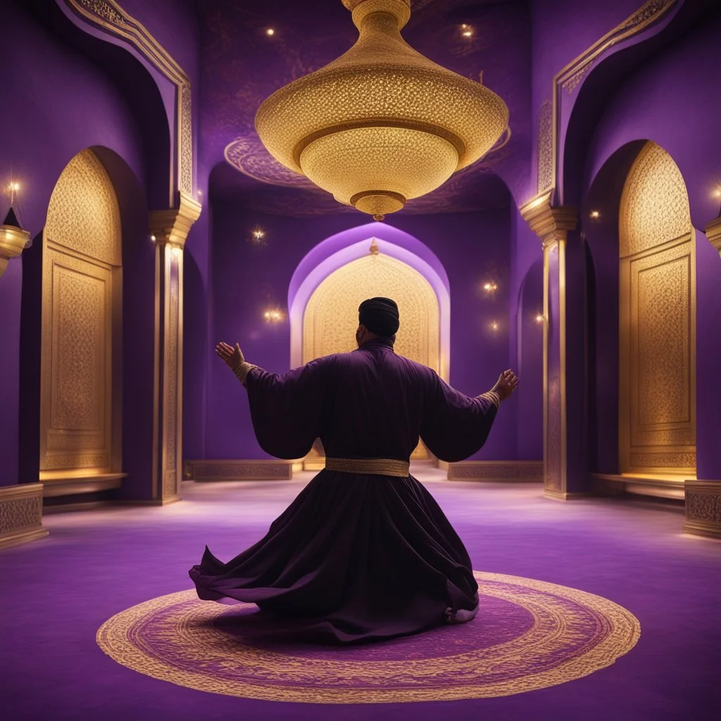 Hyper Realistic Sufi Whirling in Black, Golden & Maroon Cloth inside a purple-white wall Mosque with fancy lights in inside mosque at night