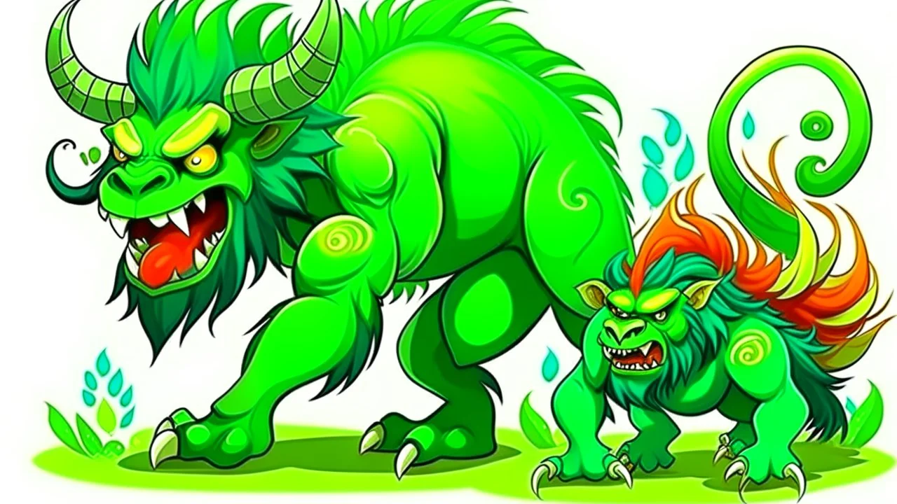 fantasy cartoon style illustration: fierce green beast is chasing a moneky