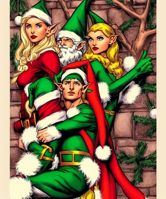 two elves. woman and man. stand apart. Christmas scene. poster. marvel comic.