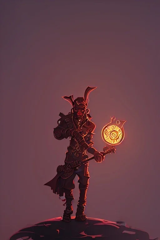 steampunk goblin holding an axe under a red moon in a dark city