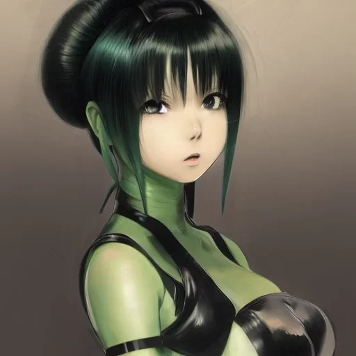 Detailed cute anime Kunoichi girl, green hair buns, greem bangs, black latex bodysuit, intricate details, full body portrait, keep head in frame, slight smile, black Japanese motif, concept art, highly detailed, digital painting, concept art, sharp focus, illustration, art by Yoji Shinkawa, WLOP and greg rutkowski and alphonse mucha and artgerm and yanjun Chen and Junji ito and Makoto Shinkai, HDR, octane render