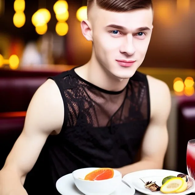 Russian guy student boy boyish boylike short man's haircut men's face boyish features female figure in black girlish lacy cocktail dress in restaurant