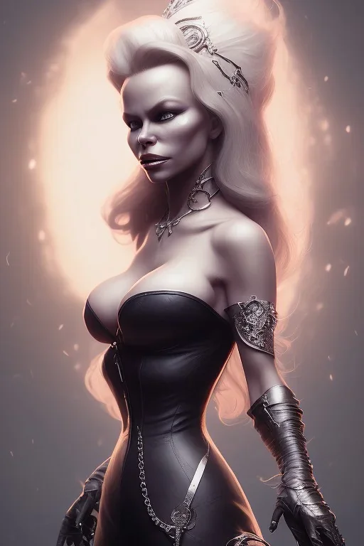 Pamela Anderson as evil queen in black leather, leather, busty, cleavage, angry, stern look. character design by cory loftis, fenghua zhong, ryohei hase, ismail inceoglu and ruan jia. unreal engine 5, artistic lighting, highly detailed, photorealistic, fantasy