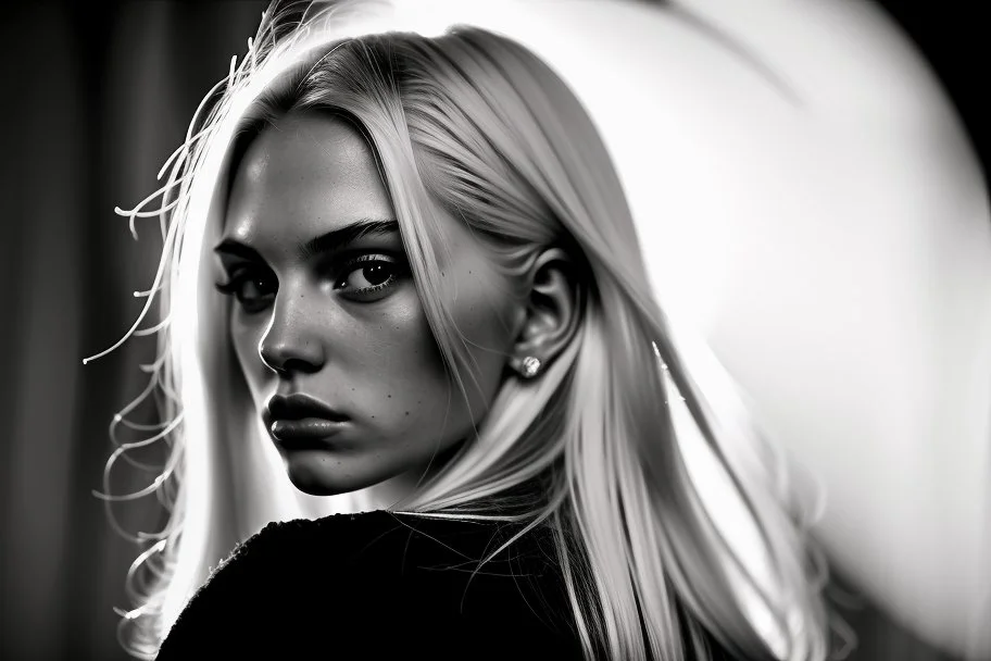 Mujer rubia, retrato primer plano de espaldas, iluminada desde atrás, al estilo de la foto del fotógrafo Hugo Alonso. Imagen en blanco y negro vaporoso