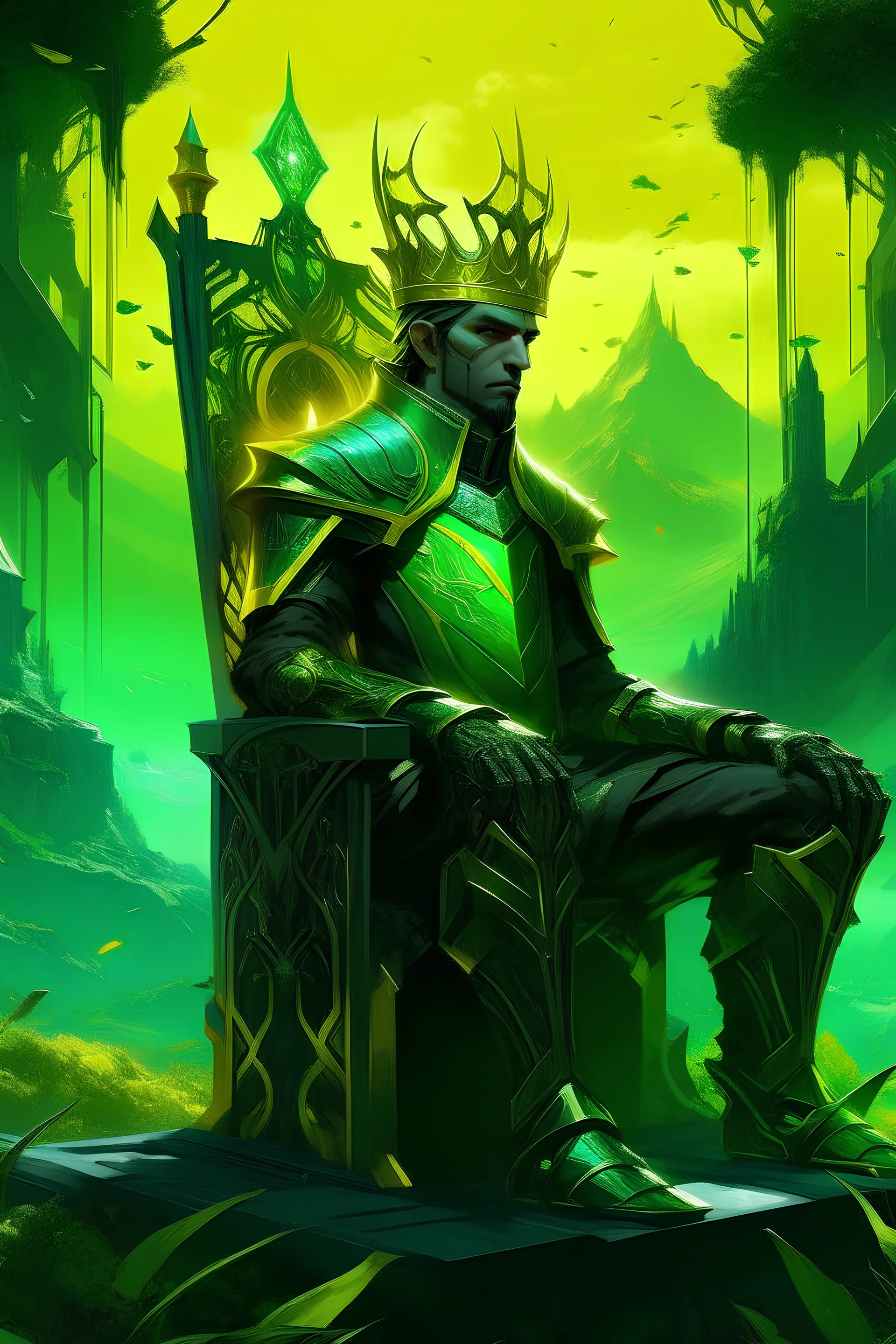 rei moreno adolecente com armadura verde neon e preto sem capacete com uma coroa dourada , sentado em um trono em 2075 com paisagem bonita atras dele