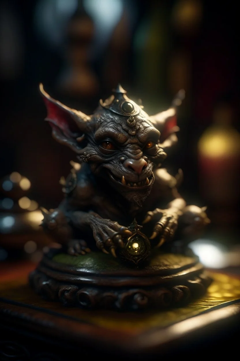 alchemists nightmare, Living cauldron with shining sigil, slightly demonic alien imp gargoyle gremlin rat in it, prize winning oil painting, ,bokeh like f/0.8, tilt-shift lens 8k, high detail, smooth render, down-light, unreal engine