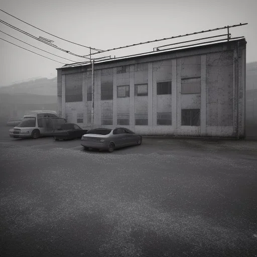 An empty carpark on a misty day. Telegraph poles and wires. Muted tones. Tilted horizon. With blotches, blurry areas and lens noise and grain. Hyper realistic Photo 4k