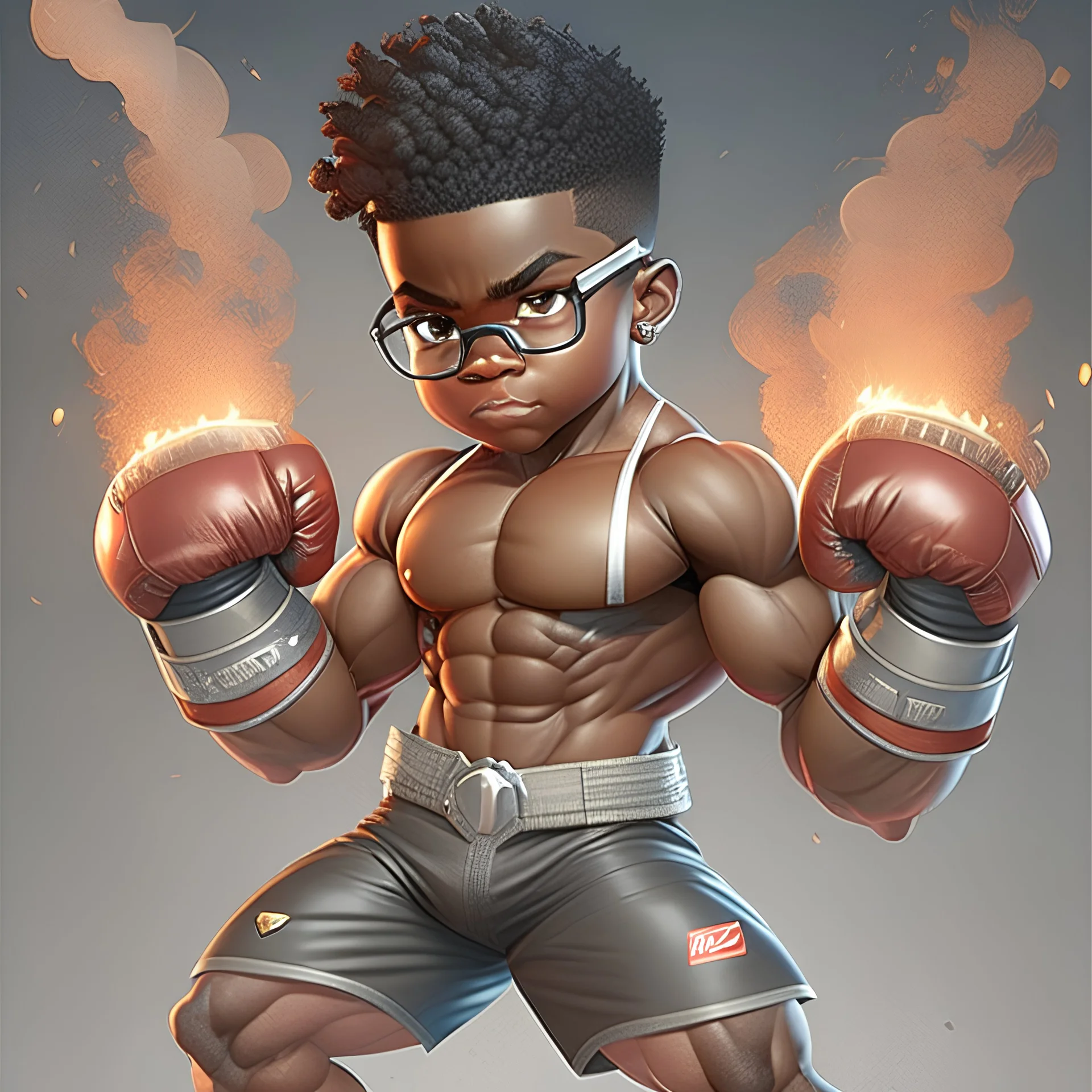 Strong child with muscles, dark skin, black hair, wears iron box jumps on his hand, iron box gloves on his hand, steel gloves, iron gloves, angry face, wears white shoes, wears glasses, strong thighs, has a high fitness No mistake in the picture, flames on iron gauntlets, Full body, Iron gloves, iron metal, Fire on the gloves, Fire, full body, detailed full body,