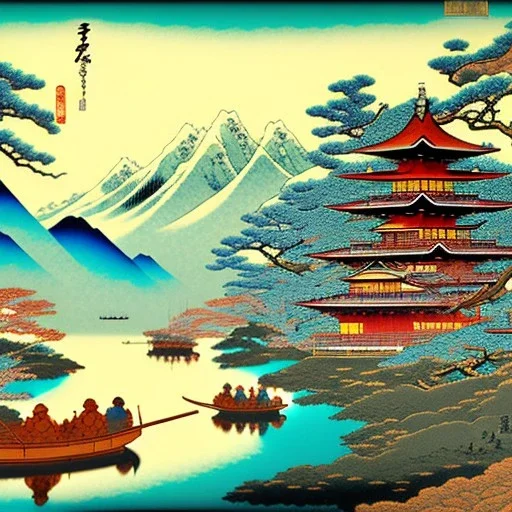 Ukiyo-e styled art, stream, mountain, sun, family on a boat