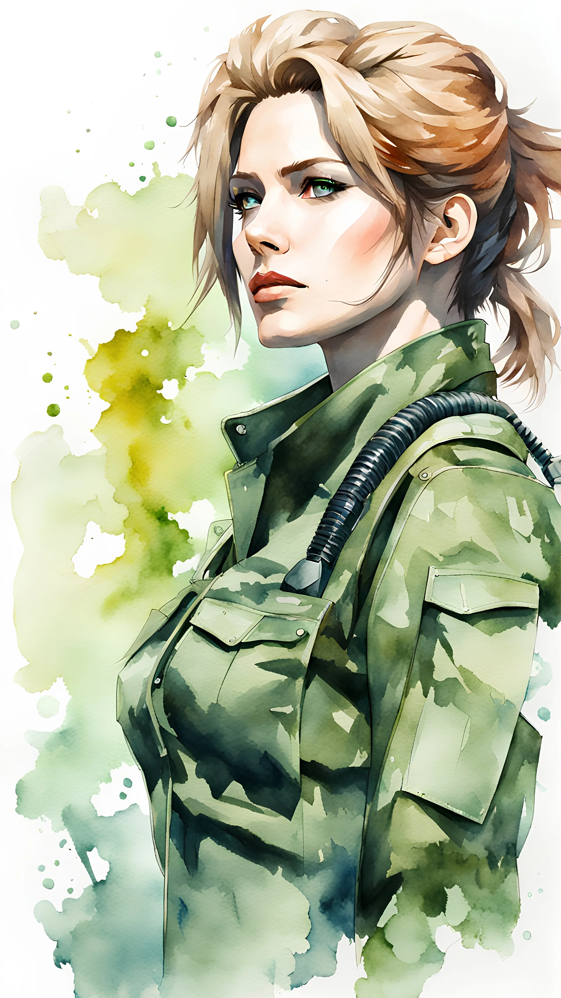 Masterpiece painting of Mercury Lady from Metal Gear Solid 3: Snake Eater, slick hair combed backwards, watercolor style, ultra detailed character, simple background, Professional Quality watercolor painting, full body shot, vibrant colors.