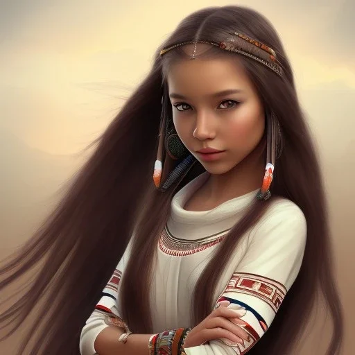 Native American girl, cute, beautiful, long hair, brown eyes, black hair, smiling