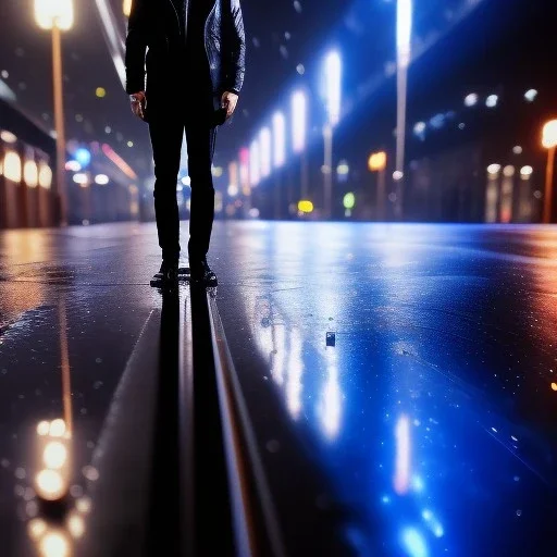 wideshot, fullbody, 35mm film still froma live action movie of guy smoking a cigratte in the wet city streets, with the guys reflections on the wet road, cinematic, cinematography, night, raining, upwards angle, 8k