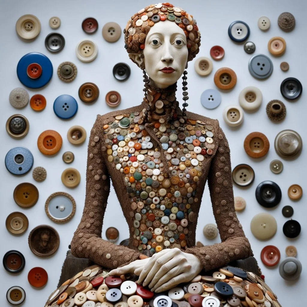 a surrealist sculpture made of buttons by artist "Betye Saar", by artist "Meret Oppenheim"