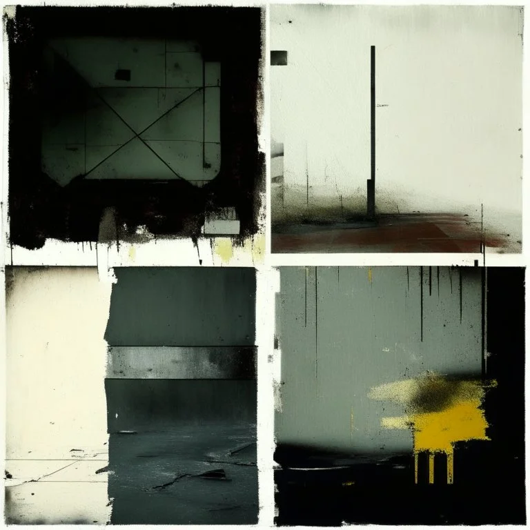 Minimal contemporary abstract oil paintings of desolate 1960s carpark with road markings and concrete fragments. Overlay with grungy typography graphics. style of Justin Mortimer and Francis Bacon.