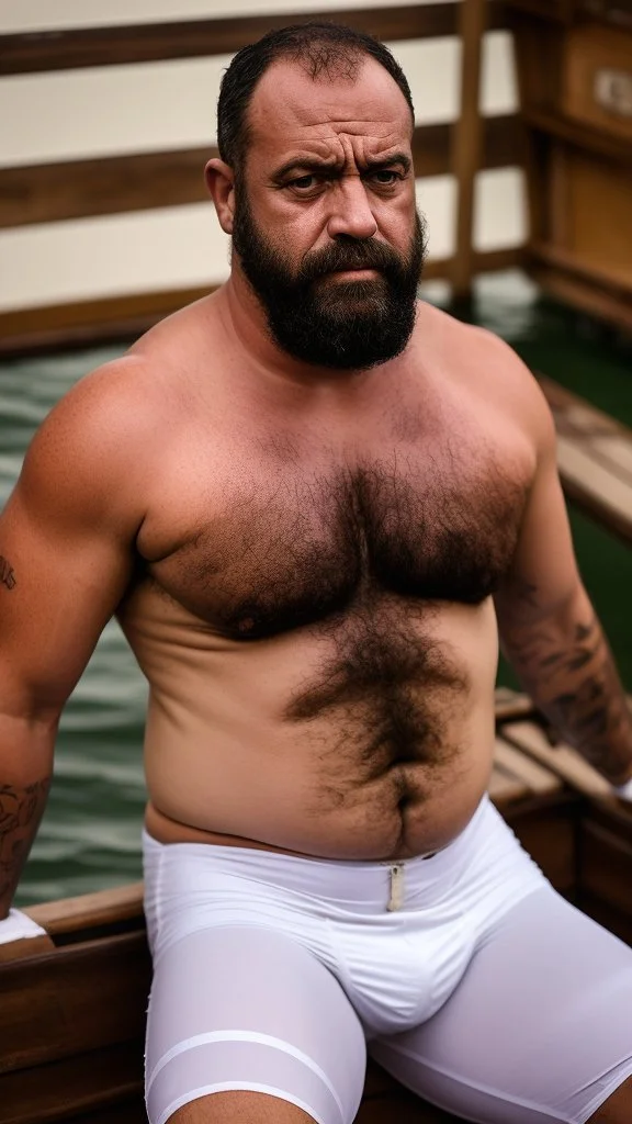 photography of a burly marocan fisherman sunbathing sitted in a fisher wooden boat, in little white french briefs, bulge, tattoo, manly chest, ugly, 41 years old, bullneck, white curly beard, bald, muscular chubby, angry eyes, photorealistic, Canon EOS, 8k