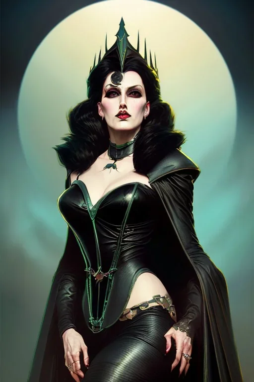 painting of morrigan hel as evil queen in black leather gown, feminie, angry, stern look on her face, emperious, highly detailed, digital painting, artstation, concept art, smooth, sharp focus, illustration, art by gaston bussiere and alphonse mucha