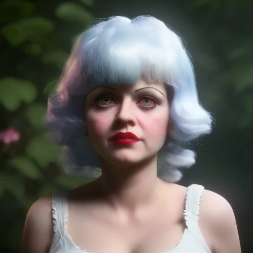 Clara bow with white hair, big eyes, flowers, in the sun