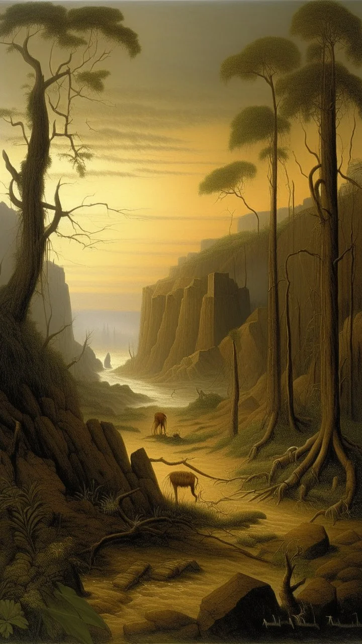 A tan prison in a dry prehistoric jungle painted by Caspar David Friedrich