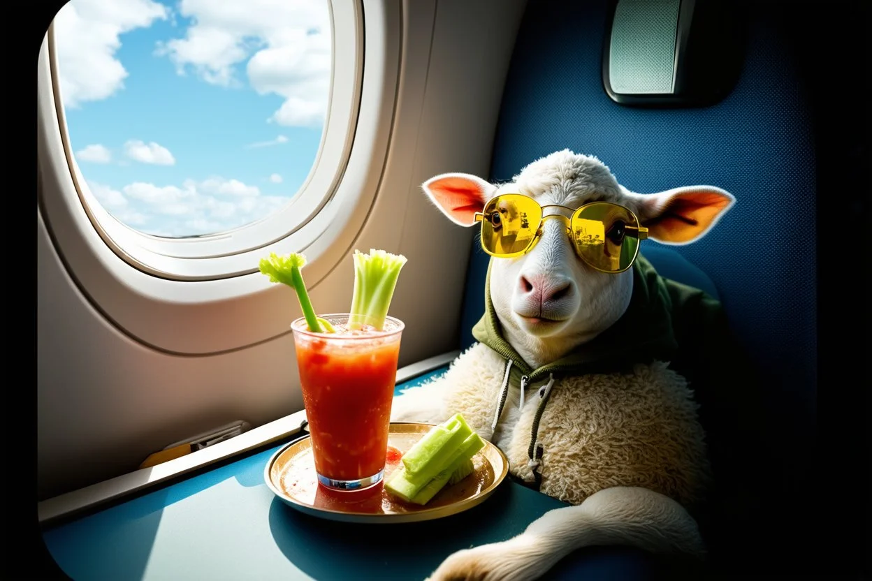 Realistic Grainy vintage analogue glitchy photograph of a contented sow wearing yellow tinted tactical eyewear and Hawiian shirt sitting next to a sheep with a hoodie reclining on a plane window seat, a Bloody Mary drink with a celery stick garnish sits on seat tray, cloudy skies, faded color old photo, low contrast, vignette, bokeh, heavy film grain and static, absurd