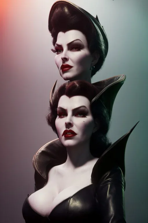 Lana Turner as evil queen in black leather, leather, busty, cleavage, angry, stern look. character design by cory loftis, fenghua zhong, ryohei hase, ismail inceoglu and ruan jia. unreal engine 5, artistic lighting, highly detailed, photorealistic, fantasy