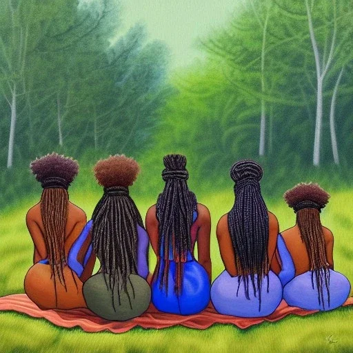 Octane rendered. .a group of women.five young black women sitting around a fire. Black Sisters. Sitting and Standing together. 4k Painting. Detailed. Fine details. the faces of 5 young black women. Young women sitting wood nymphs emerging from the forest. THeir hair looks like vines. Dreadlocs. Their skin is the colour of dark soil. their skin looks like tree bark. Their clothing is made of vines, grass and leaves.