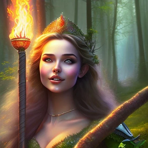 romantic fantasy spray painting, closeup of cute smiling dark bulgarian robed elven princess bride ,sitting on a branch, loosing torch in magical forest by waterfall