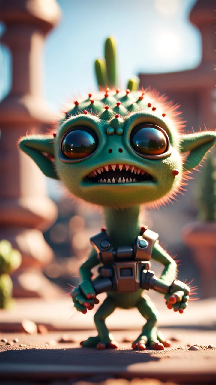 sad cactus alien gremlin firing cactus from a rocket launcher in high end palace,bokeh like f/0.8, tilt-shift lens 8k, high detail, smooth render, down-light, unreal engine, prize winning