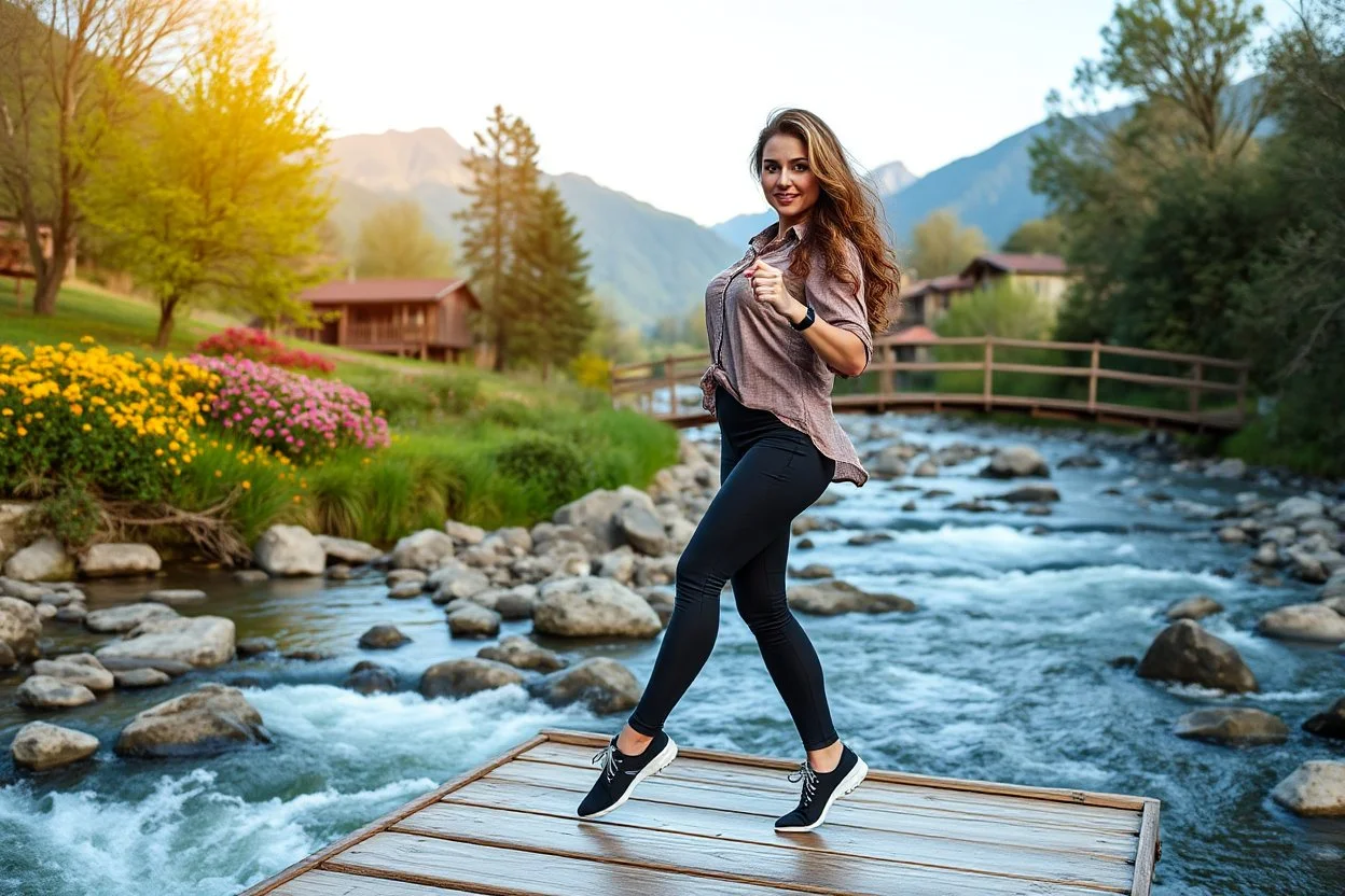 country side over high heels in spring wind slowly moves color full flowers,clean water fall and narrow river with waves and pretty rocks in floor ,some trees and houses ,and mountains at distant,a very beautiful Turkish lady wearing tight pants and shirt sport shoes with long curvy hair salsa dancing on a wooden bridge over the river looking at camera , camera shots her full body