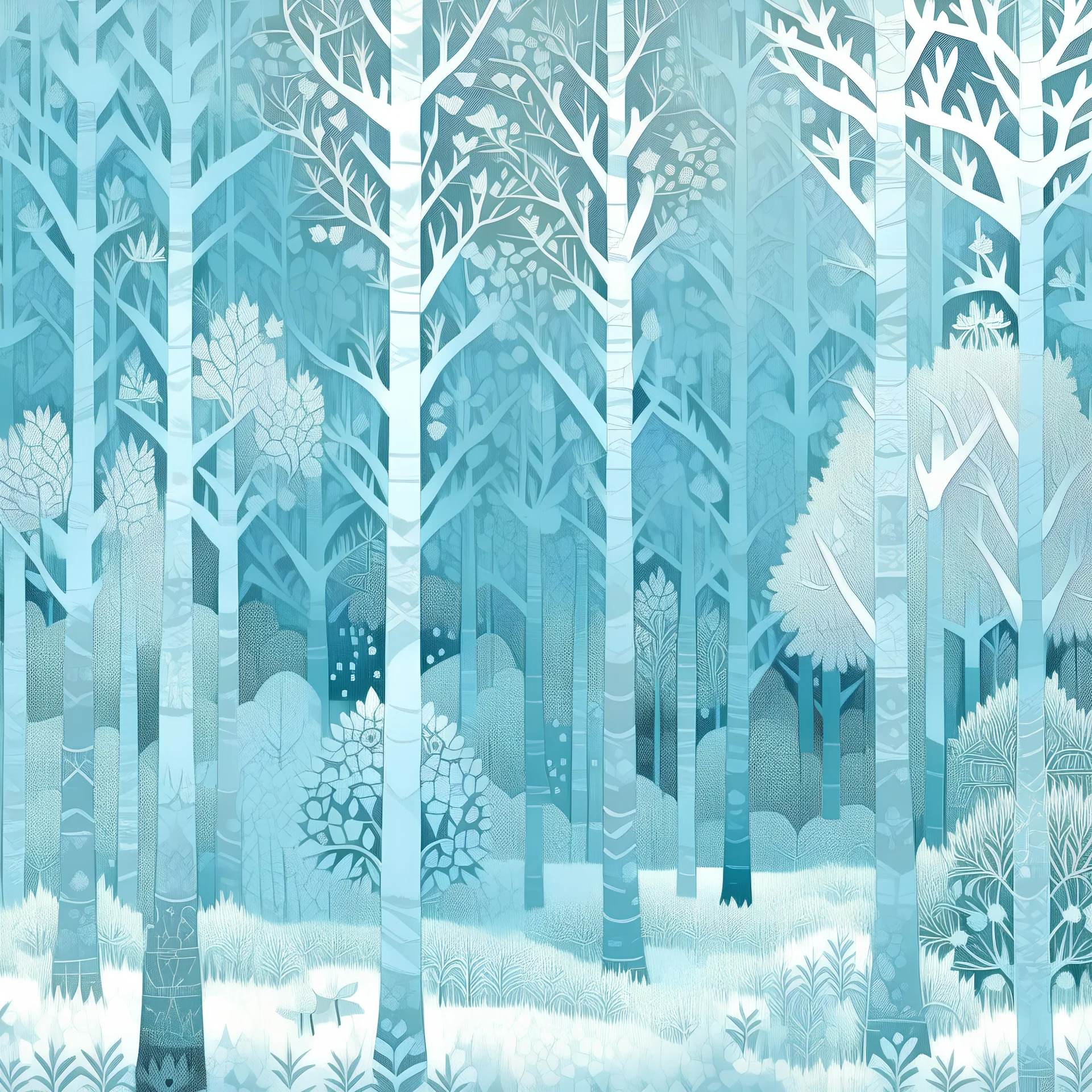 A light blue winter forest with falling snowflakes designed in ancient Roman mosaics