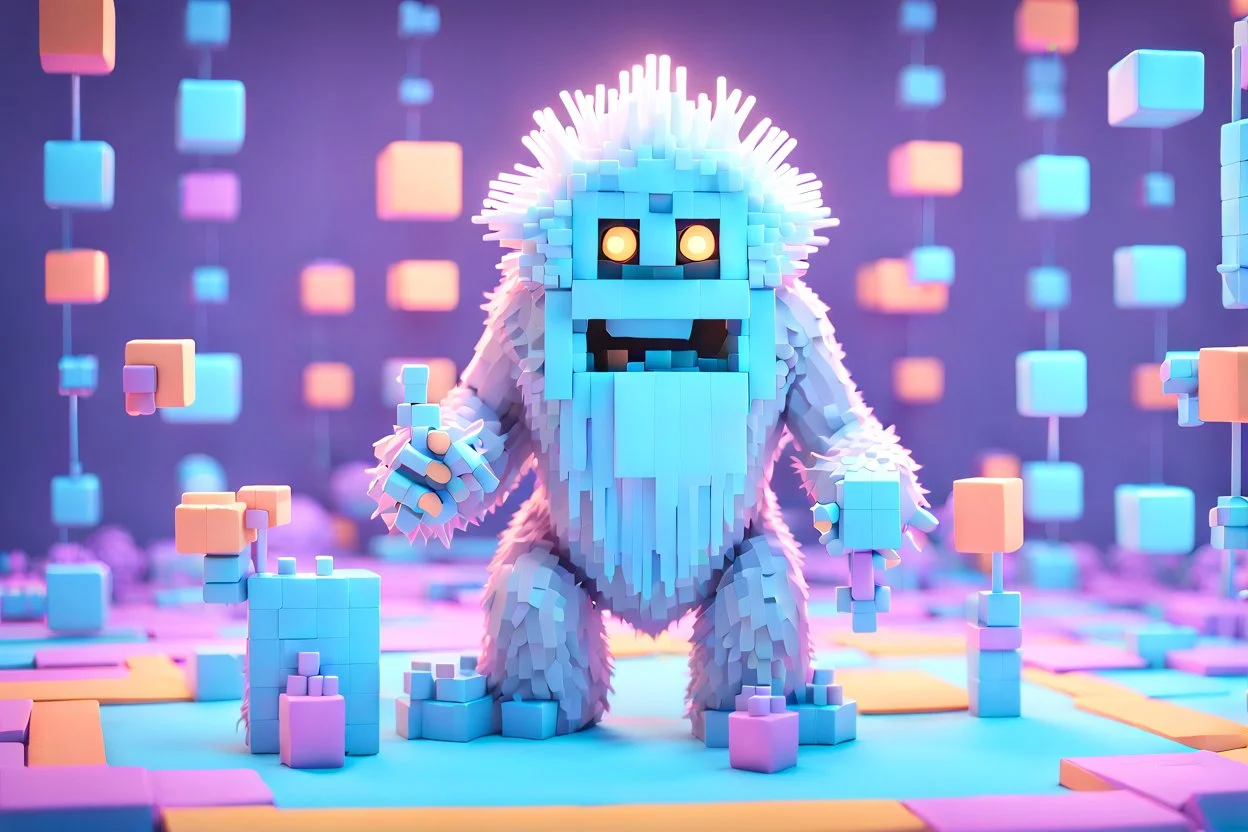 Render in Blender 3D: In a setting rich with cinematic lighting and depth of field, Dr. Yara, the gender-neutral yeti with larger voxel details, is engrossed in crafting a meme. Beside them, voxel representations of 'Mind Viruses' and symbols of memetics are vividly displayed. Their environment is a testament to their commitment to understanding and conveying the intricacies of how ideas spread, akin to viruses.