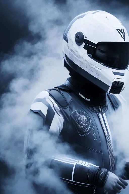 All Black racing suit AnnaSophia Robb, portrait, ghost mask, wearing high tech racing helmet, white smoke, dark, rage, sorrow, high definition, ultra 8 k, volumetric lighting, blue fire, fog