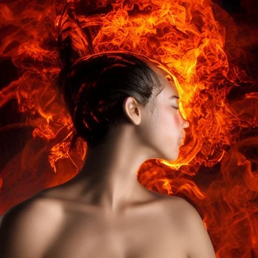 woman made of fire, full face, fire angel, hair made of fire, fire covering breasts, fire all around, only wearing bikini made of fire, extremely detailed, photo style, style of photo, lava background, smokey sky