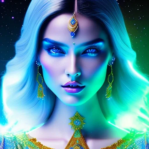 cosmic woman,highly detailed, hyper-detailed, beautifully Bluecolor-coded, insane details, intricate details, beautifully blue color graded, Cinematic, Blue Color Grading, Editorial Photography, Depth of Field, DOF, Tilt Blur, White Balance, 32k, Super-Resolution, Megapixel, ProPhoto RGB, VR, Half rear Lighting, Backlight, non photorealistic rendering