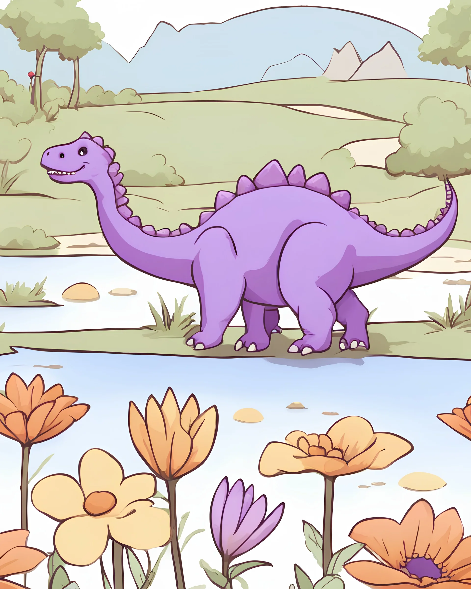 cute dinosaur colored with basic colors, full body, defined lines, no shadows, white background, clear and well, without shadows, this dinosaur is eating flowers in the border of lake