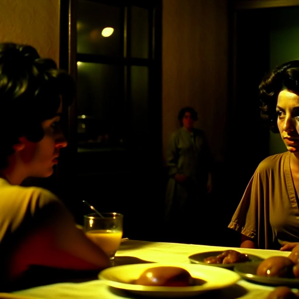 Strong texture, photorealism, Caravaggio. Italian interior. Eat, Surreal, eerily mysterious, pastel colors. Italian horror, Dario Argento. Humid. People talking. Movie shot. 1970's Italian art. 33mm photography