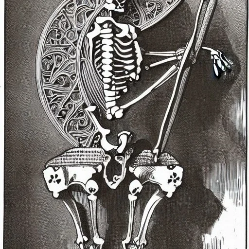 skeleton, vitruvius man, playing drums, art nouveau,