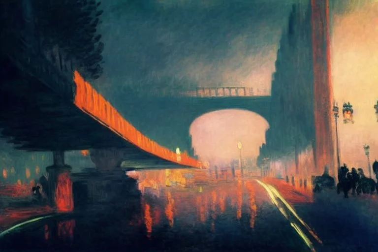 street, highway, bridge, distant city, city lights, people, cars, buildings, mist, claude monet and edouard manet painting