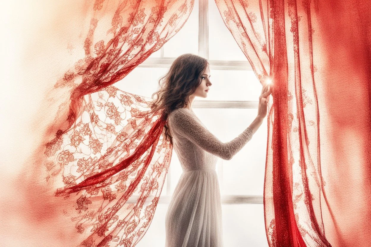 A beautiful brunette woman looks out from behind a red lace and silk curtain, holds the curtain with one hand and pulls it away in sunshine, watercolor and black ink outlines, sparkling golden glitter, ethereal, cinematic postprocessing, bokeh, dof